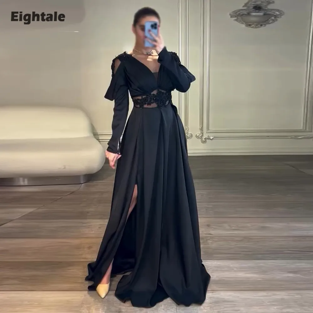 

Eightale Arabic Evening Dress V-Neck Appliques Beaded Black Customized Satin Prom Wedding Party Gowns Abendkleider Hochzeit