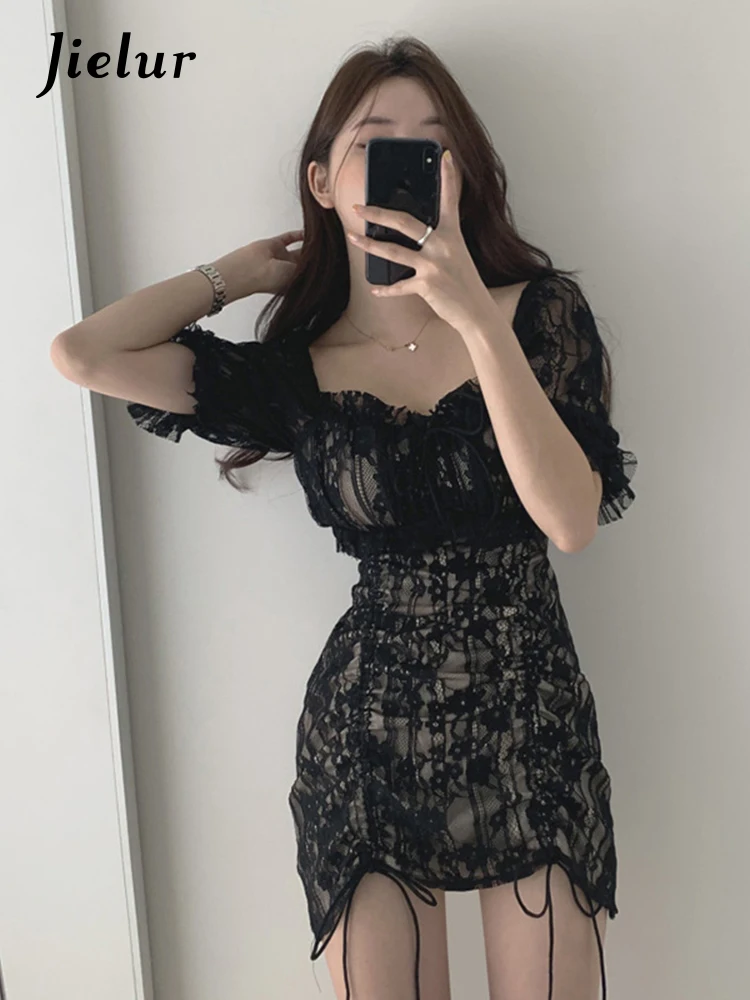 Jielur Sexy Club Bandage Pleated Lace Dress Women  New Puff Sleeve Slim Square Collar Short Sleeve Bodycon S-M Size Dresses