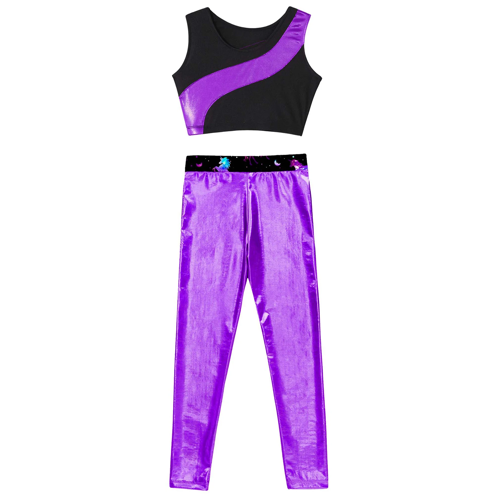 Kinder Meisjes Yoga Gymnastiek Dans Kostuum Sportkleding Mouwloze Glanzende Steentjes Patchwork Crop Top Vest + Metallic Leggings Broek