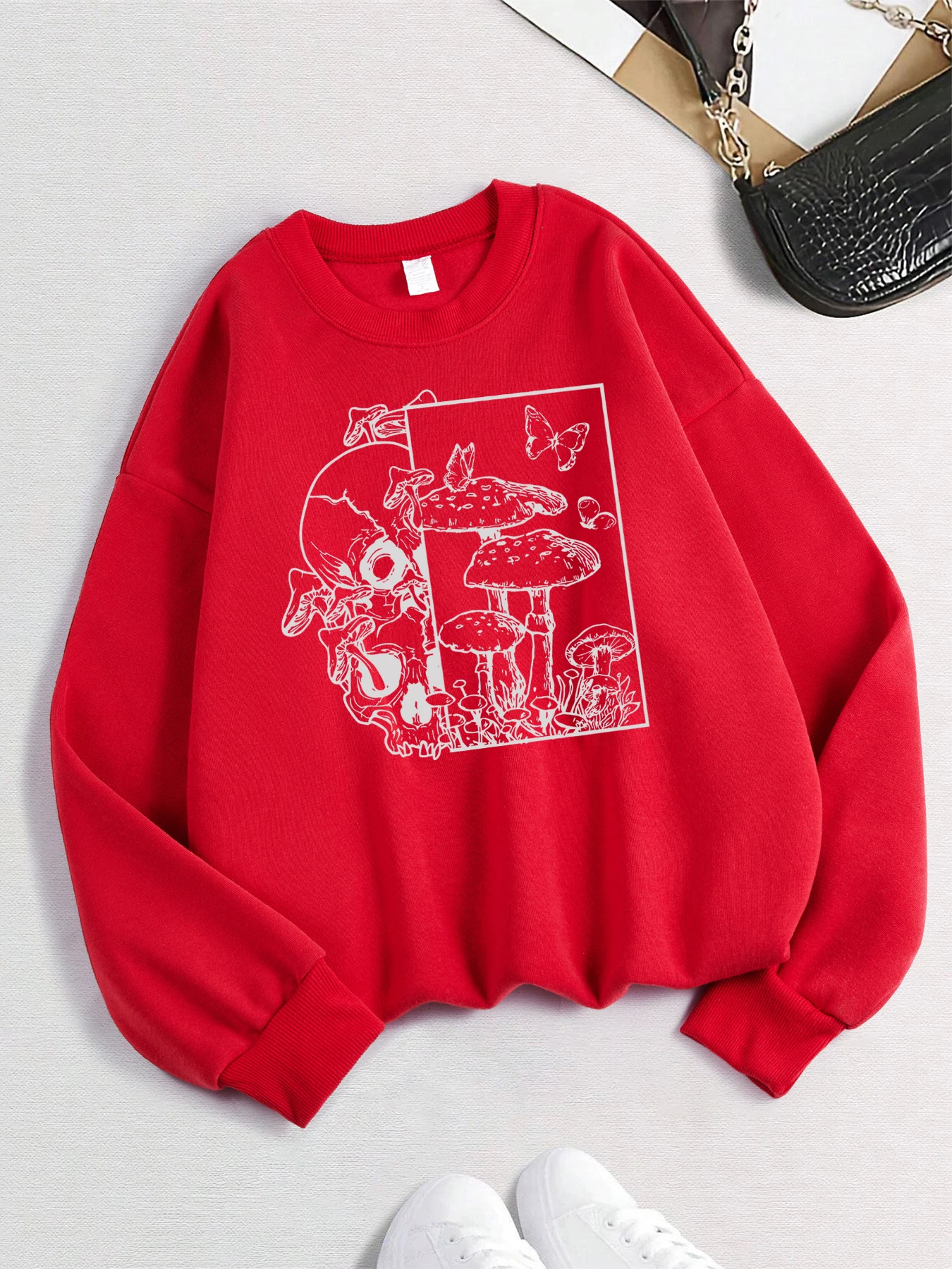 Skeleton Growing In Mushrooms Butterfly Print Sweatshirt Women'S Street Soft Hoody Autumn Winter Streetwear Warm Comfy Pullover