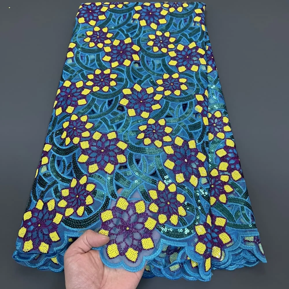 2025 High Quality African Nigerian With Tulle Sewing Lace Fabric Guipure Embroidery Dresses Sequins Beads Stone 5yards PS0073