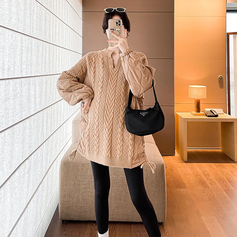 2723# Autumn Winter Fashion Cotton Padded Patchwork Sweaters Maternity Coats Chic Ins Tops for Pregnant Women Pregnancy Jackets