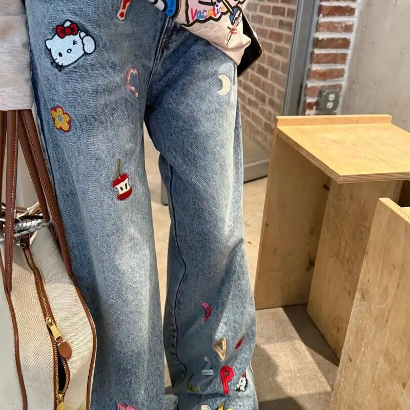 

Джинсы Sanrios Kawaii, милые брюки «Hello Kitty», прямые, милые, повседневные, удобные, свободные, для поездок на работу, простой принт, креативный хит продаж