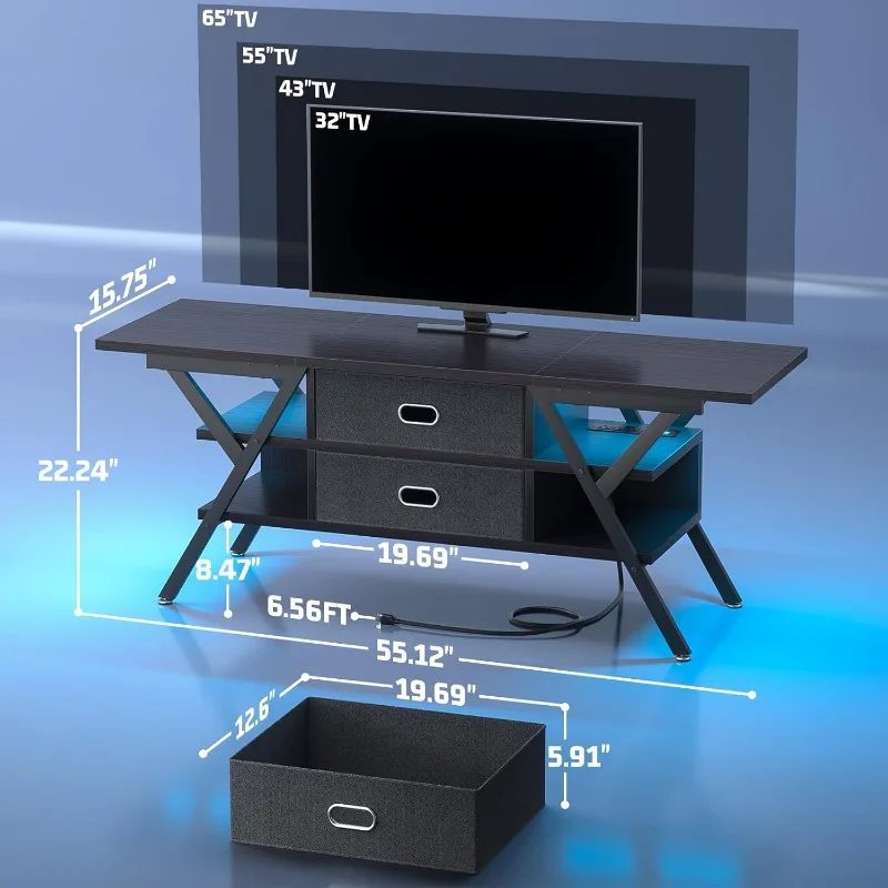 Black TV Stands para sala de estar, TV Entertainment Center com armazenamento, Modern Gaming TV Stand com gavetas para quarto