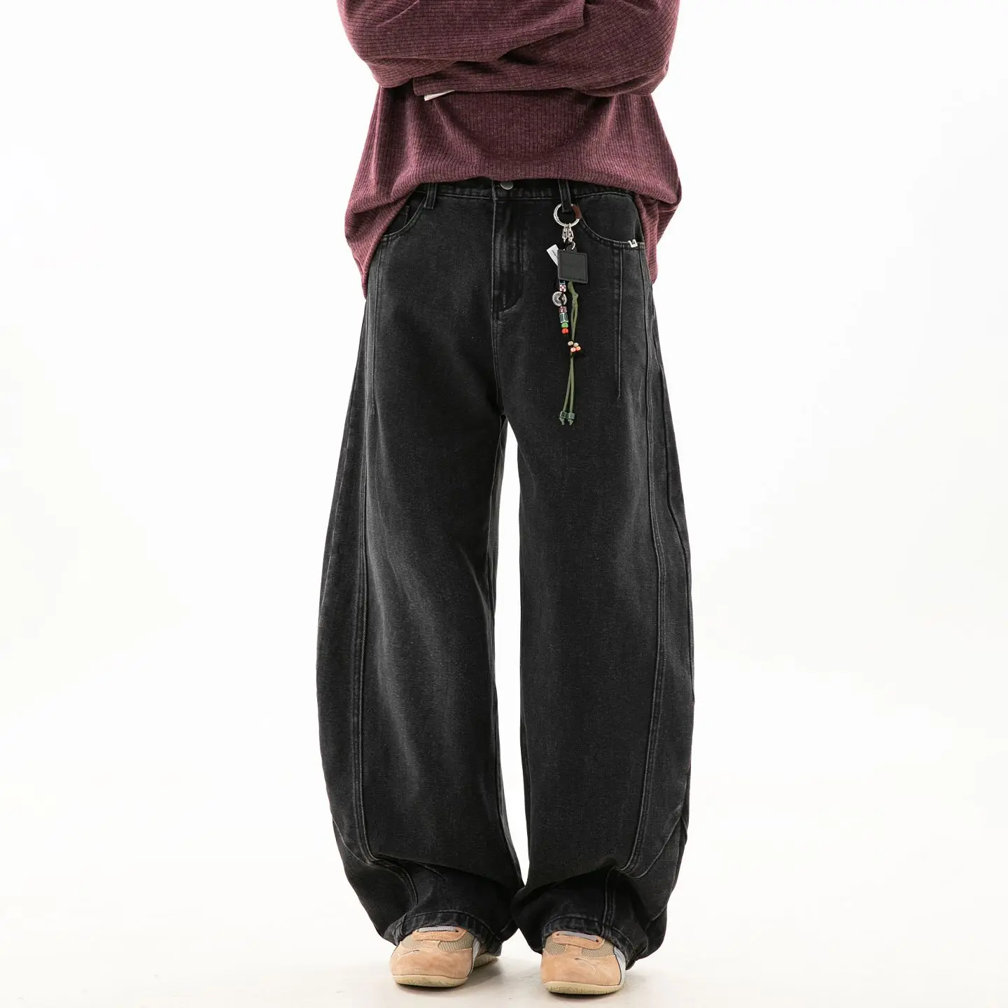Autumn Classic Structure Split Y2K Korean Baggy Loose Wide Leg Jeans Cityboy High Street Men and Women Elastic Waist Black Pants