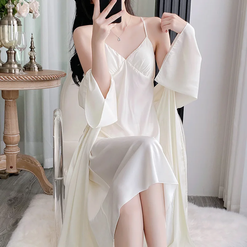 

Комплект из 2 предметов, одежда для сна из ледяного шелка для женщин, 2025 г., сексуальная однотонная ночная рубашка и халат, летние и весенние ночные рубашки, женская домашняя одежда, Прямая поставка
