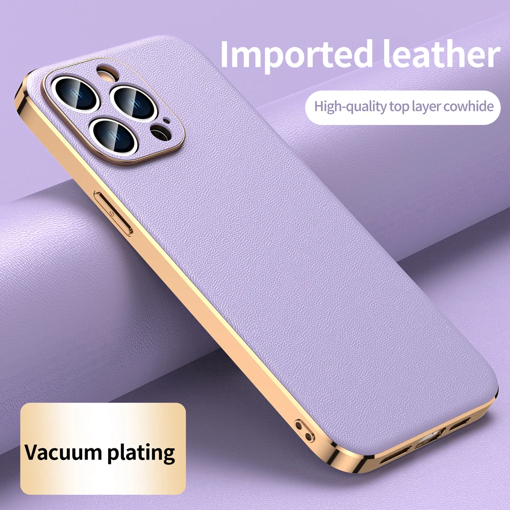 Genuine Cowhide Leather Phone Case for iPhone 16 15 14 12 11 13 Pro Max 14 Plus Luxury Plating Shockproof Lens Protection Cover