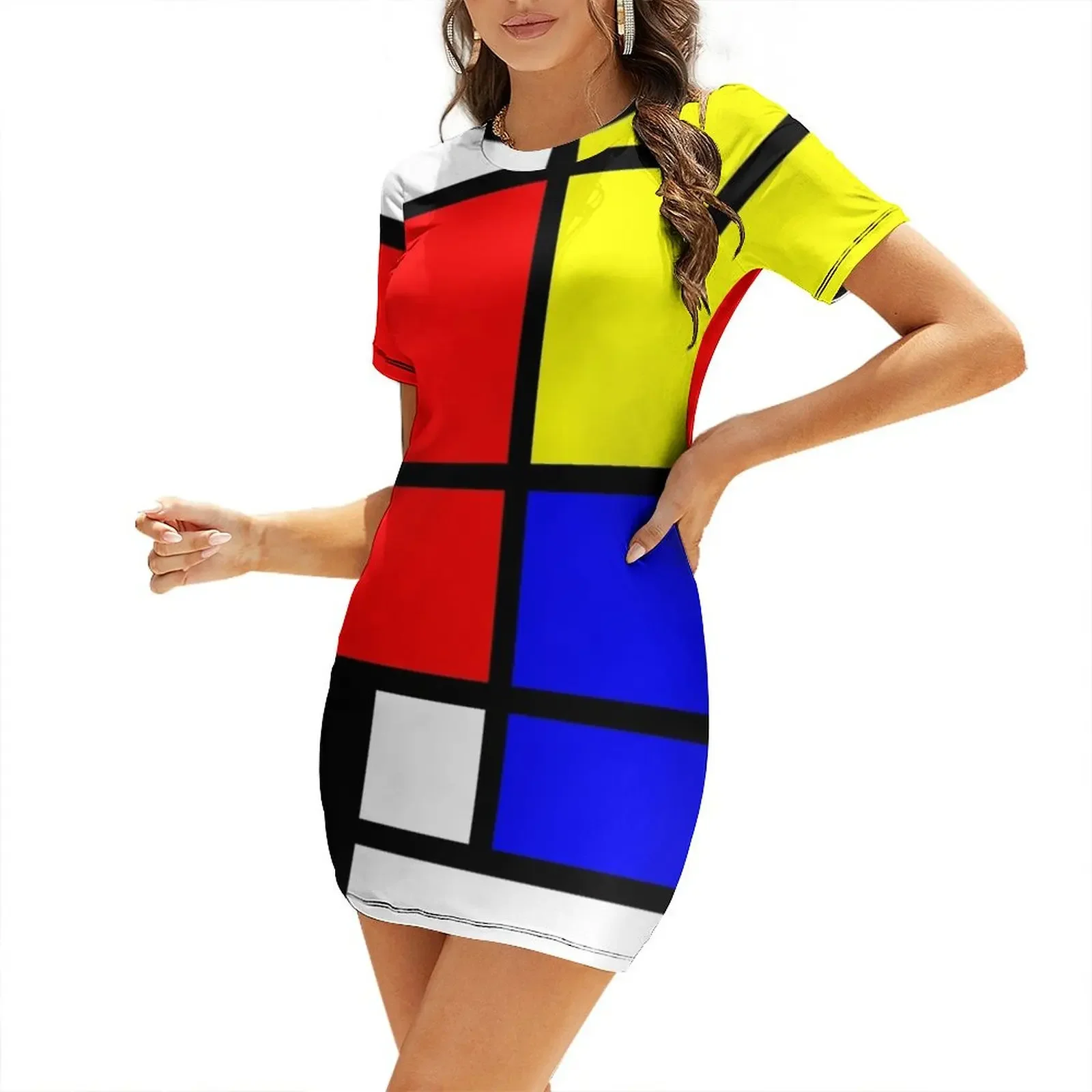 Vestido de manga corta con diseño art déco estilo Mondrian en colores básicos, elegante y chic, vestido de noche para mujer, vestidos de lujo.