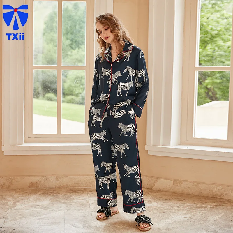 【 Dark Blue Zebra】comfortable Ice Silk Pajamas Women High-end Sense ins Style Lapel Spring/Summer Long Sleeve Home Suit 20