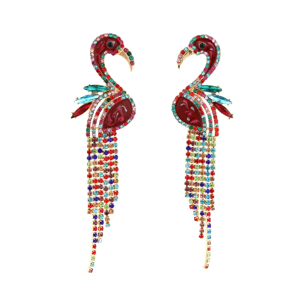 Pendientes de flamenco con flecos de diamantes de colores, estilo retro, de aleación, con incrustaciones de diamantes, para mujer, con temperamento exagerado.