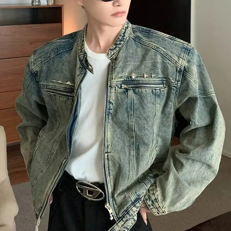 Vintage Men's Zipper Design Denim Stand Collar Short Jacket Male Autumn Winter Retro Motorcycle Jeans Jackets Coats