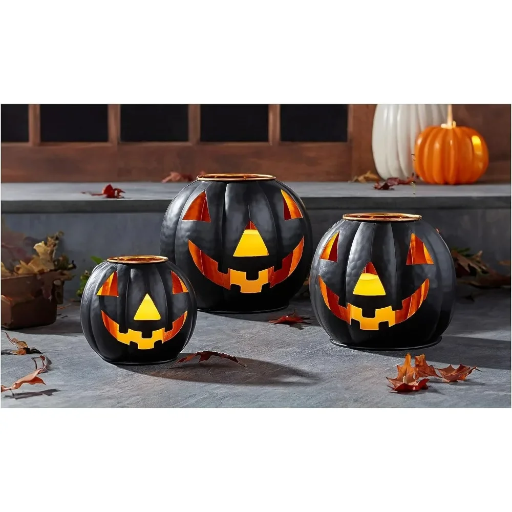 

Halloween metal pumpkin lantern set of 3 pieces, with LED candles and black horror cloth decoration set