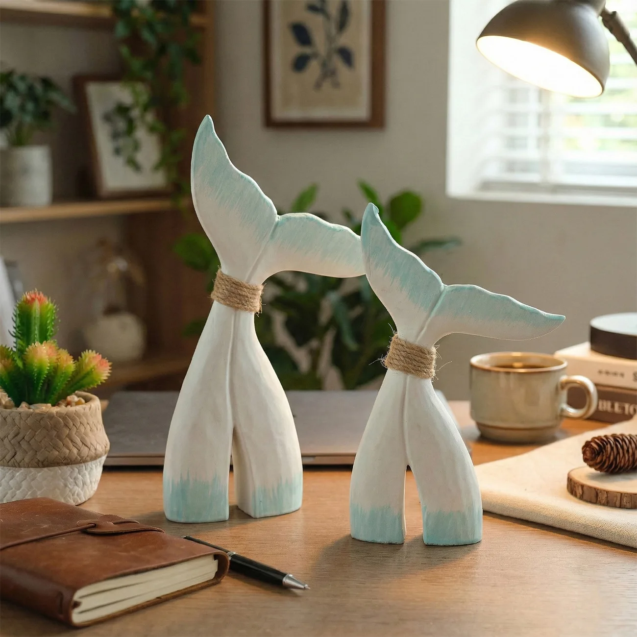 3Pcs Retro Mediterranean Style Woode Fishtail Ornaments Creative Handmade Whale Tail Desktop Crafts, for Home Office Art Decor