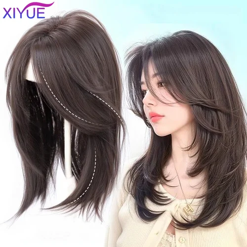 Imagen 2 del producto Peluca de pelo largo sintético liso en capas, extensiones de cabello con Clip, cabeza esponjosa Natural, pieza de cabello falso superior con Clip para flequillo