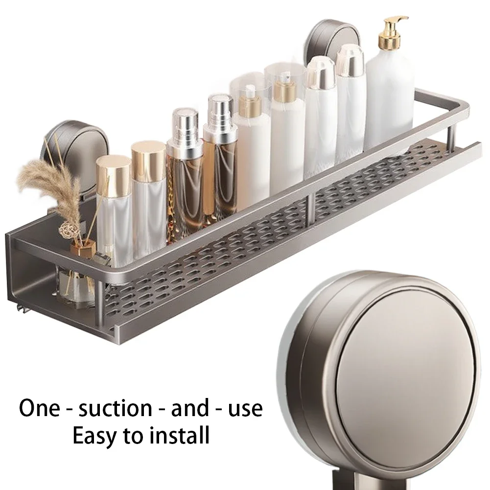

1 Pack Wall Mounted Aluminum Bathroom Shelves with Suction Cups No Drilling Shower Organizer with Hooks for Bathroom and Kitchen