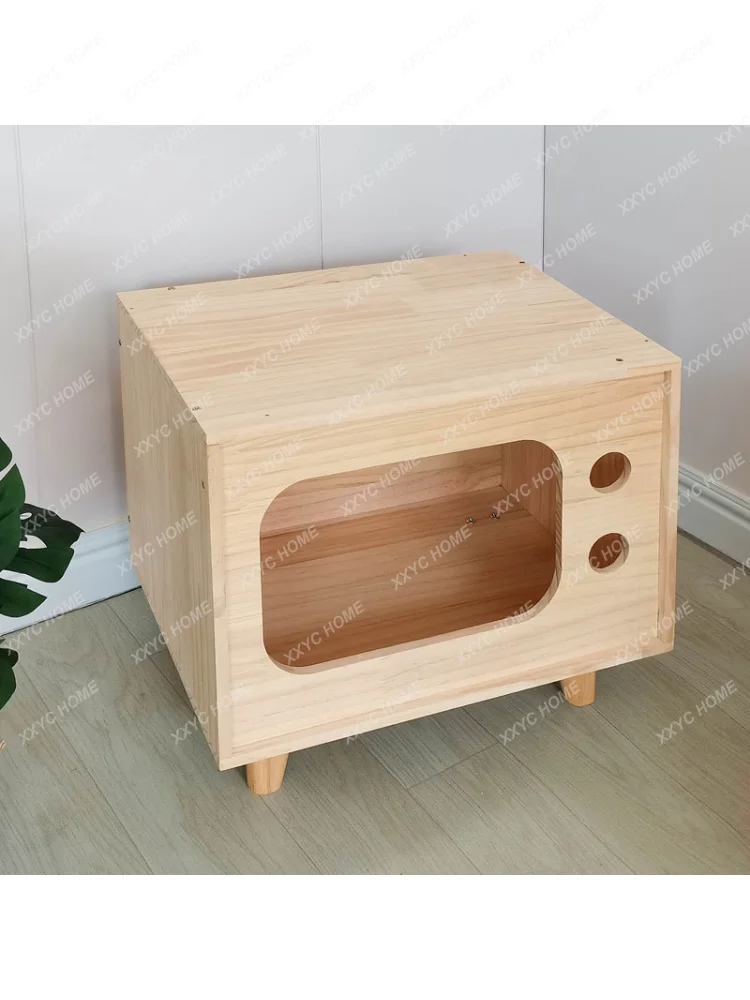 Solid Wood Cat Nest Factory Direct Creative Extra Height Extra Large Solid Wood Cat House Retro TV Pine Material Pet Bed