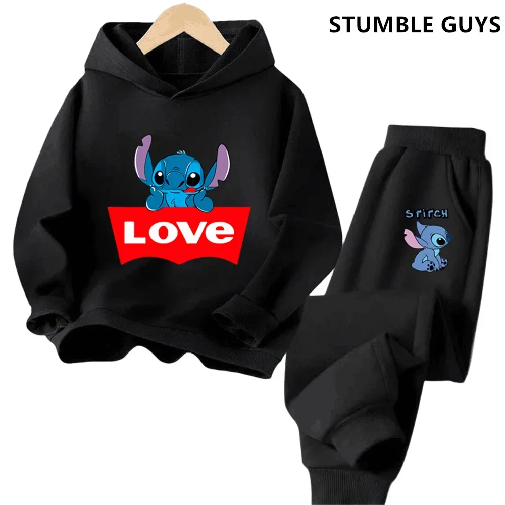 

2024 Kawaii Stitch комплект с капюшоном для девочек, повседневная толстовка с длинными рукавами + длинные штаны, комплекты для детей от 2 до 13 лет, осенний комплект одежды из 2 предметов