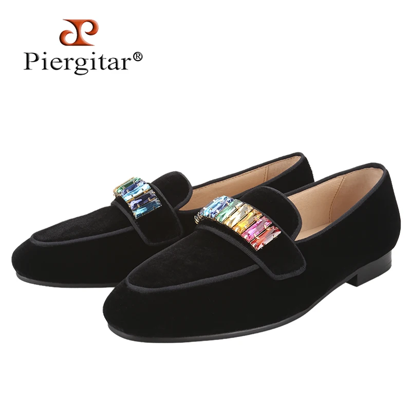 Piergitar Black Velvet Men Moccasins With Multi-Coloured And Clear Coloured Crystals Buckles Handmade Slip-On Loafers For Party