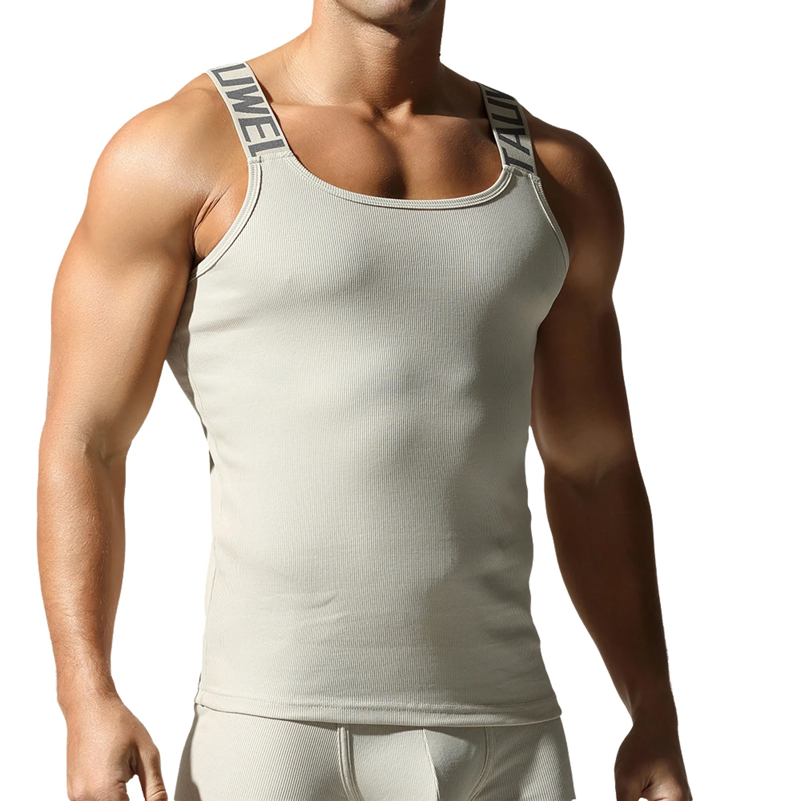 Mens Ribbed Sports Vest Letter Print Wide Shoulder Straps Slim Fit Tank Top Workout Exercise Bodybuilding Gym Fitness Costume