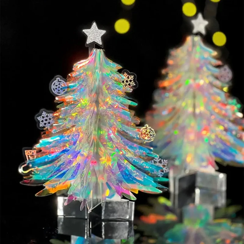 AU67-3D Popup Christmas Tree Ornament Mini Neon Film Tree Greeting Card Envelope Set Holiday Desktop Decor For Home Office