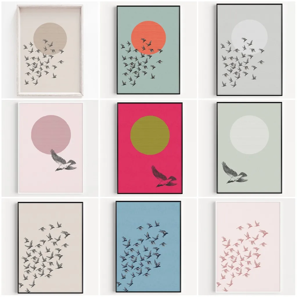 Vintage Minimalistisches Skandinavisches Tier-Wandkunst-Poster und -Druck, Vogel am Himmel Leinwandgemälde, Wohnzimmer-Dekoration