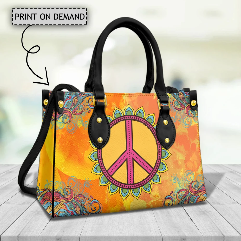 Peace and Love Print PU Leather Shoulder Bags for Women Brand Designer Large Tote Bag Luxury Hand Bags Female Top-Handle Pouch