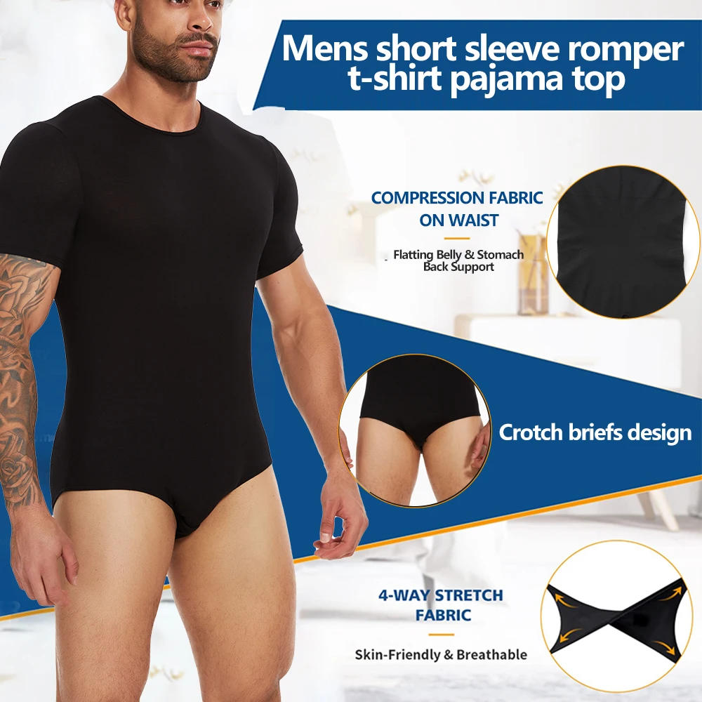 Men's Full Body Shaper Short Sleeve Top Tummy Control Briefs Bodysuit Butt Lifter Male Base Layer Pajamas Shaping Underwear New