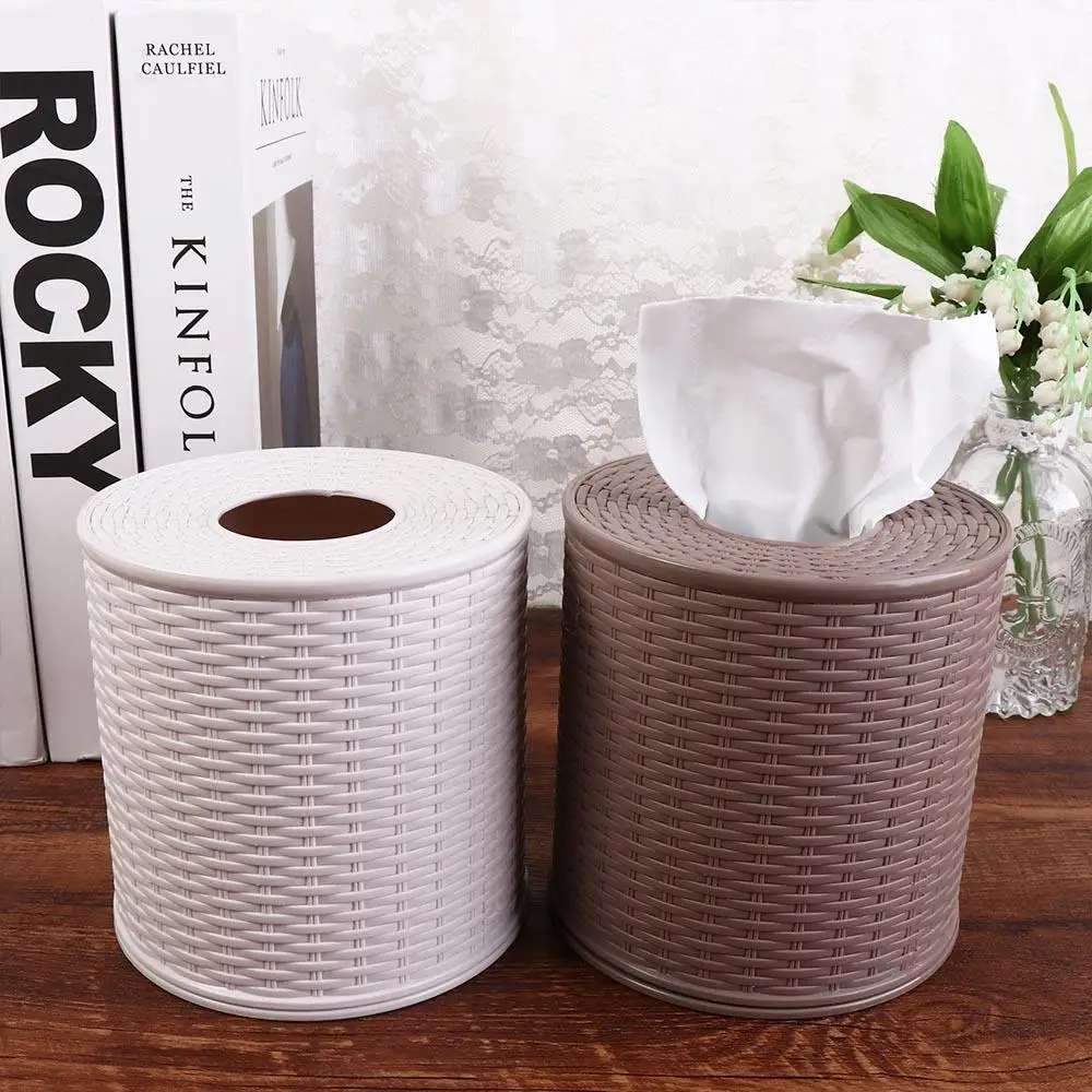 Beige/Dark Brown Simulation Rattan Tissue Storage Box Decorative Round Roll Paper Rack Container Dustproof Paper Roll Holder