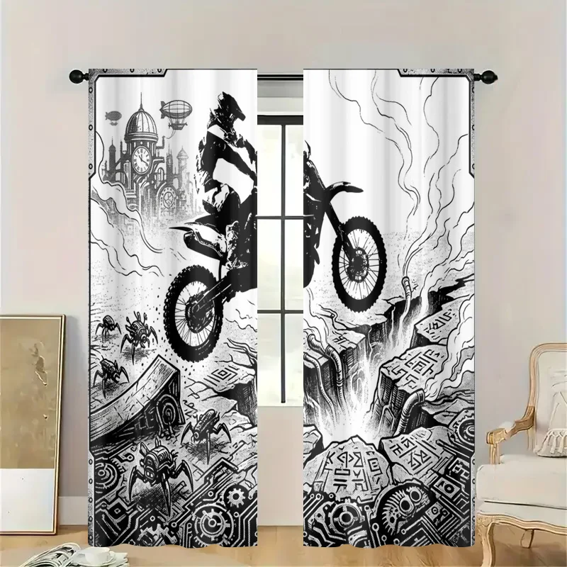 Abstract Gothic Motorcycle Print Window Curtain Black White Comic Steampunk Bike Art Home Decor Industrial Monochrome Filtration