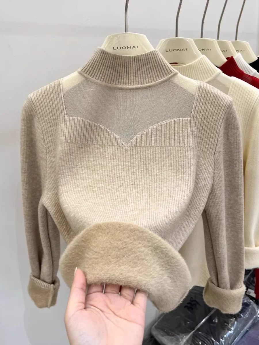 

Флисовый свитер, женский утепленный зимний внутренний свитер, сетчатый топ, топы с полуводолазкой, осень-зима 2021, женская нижняя рубашка