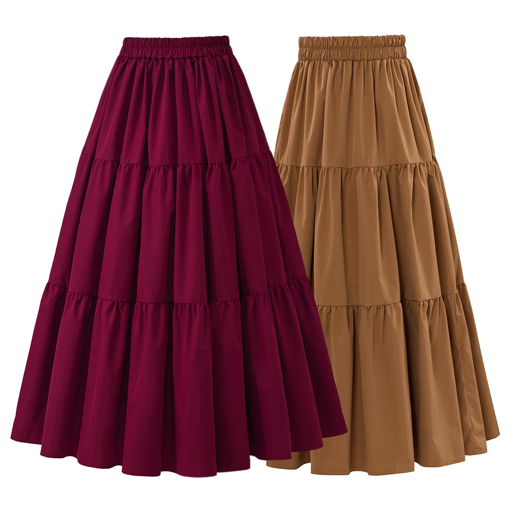 19th Century Women Elastic Waist Solid Color Skirts Victorian Vintage Skirt Medieval Cosplay Costume A-Line Lady Casual Skirts