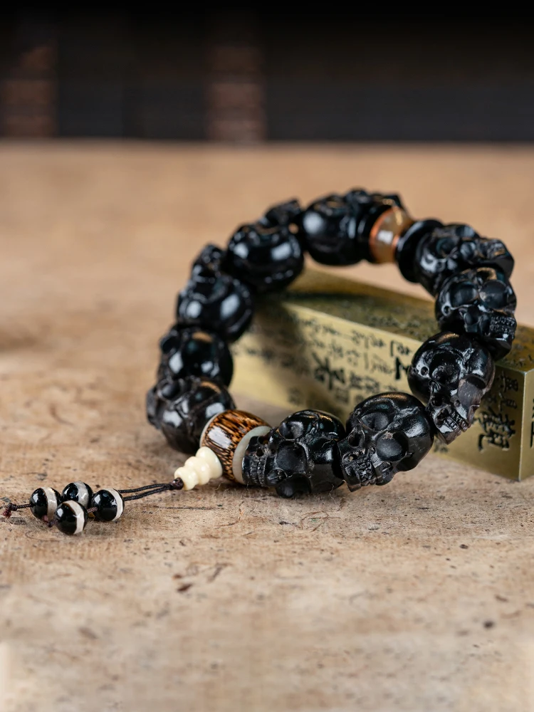 Boutique Black Buffalo Horn Skull Bracelet Engraved Buddha Beads Men's Fun Year Of Life Bracelet Holding Vintage Rosary Beads