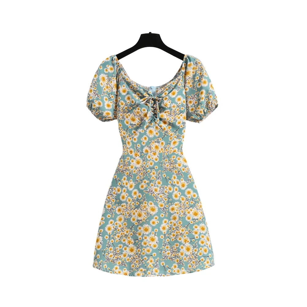 Robe à fleurs française vintage, col en V, jupe décontractée, coupe adt à lacets