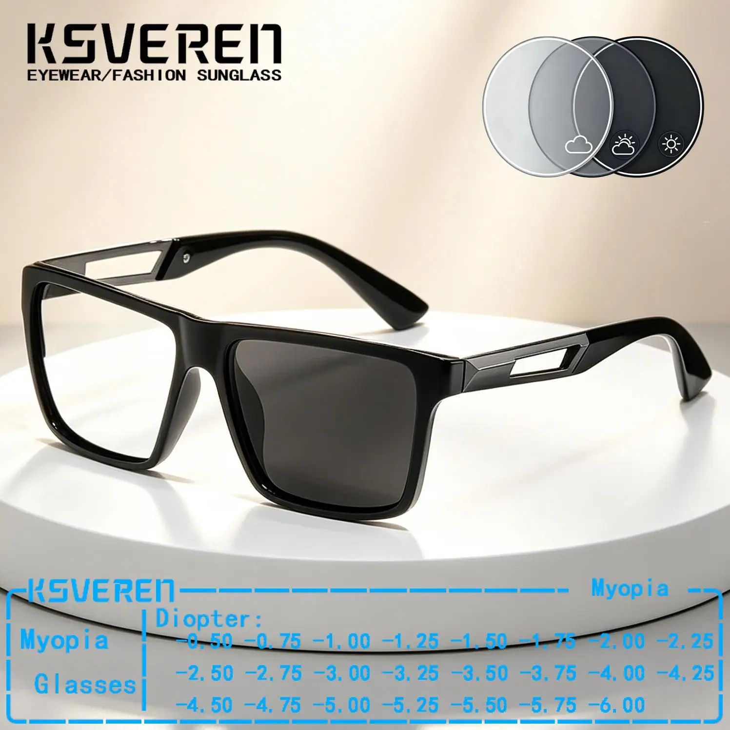 

Square Black Photochromic Myopia Glasses Men Women Fashion Finished Prescription Eyewear Outdoor Discolor Driving Eyeglasses