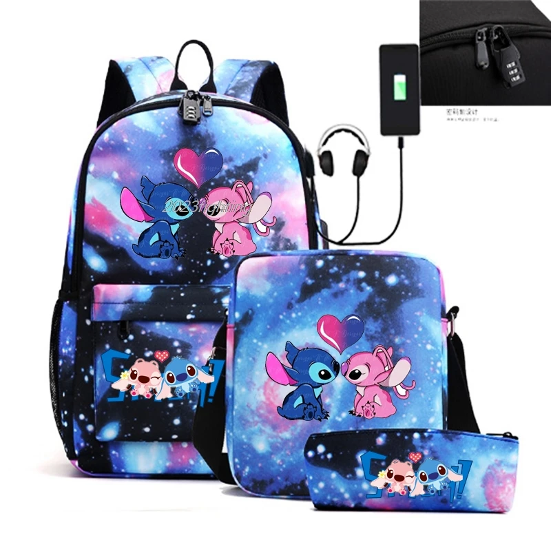 Lilo Stitch plecak 3 szt. An-ti Lock torby szkolne o pojemności USB dla chłopców dziewcząt Cartoon Travel Mochilas z torbami na ramię