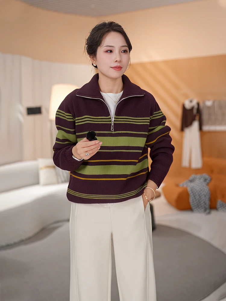 

Женский вязаный свитер Chana с цветными полосками, повседневный, омолаживающий, осенне-зимний, длинный, мягкий, из смесового полиэстера