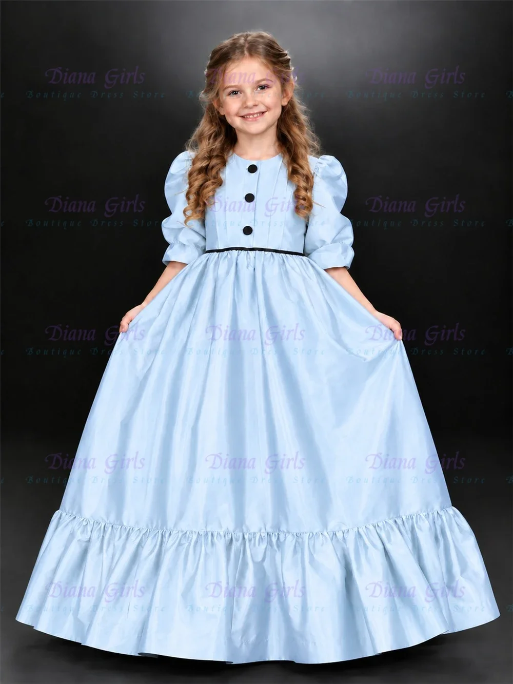 New First Communion Royal Blue Satin Puff Sleeve Flower Girl Dress with Ruffled Hem for Wedding Ball Kids Birthday Party Gowns