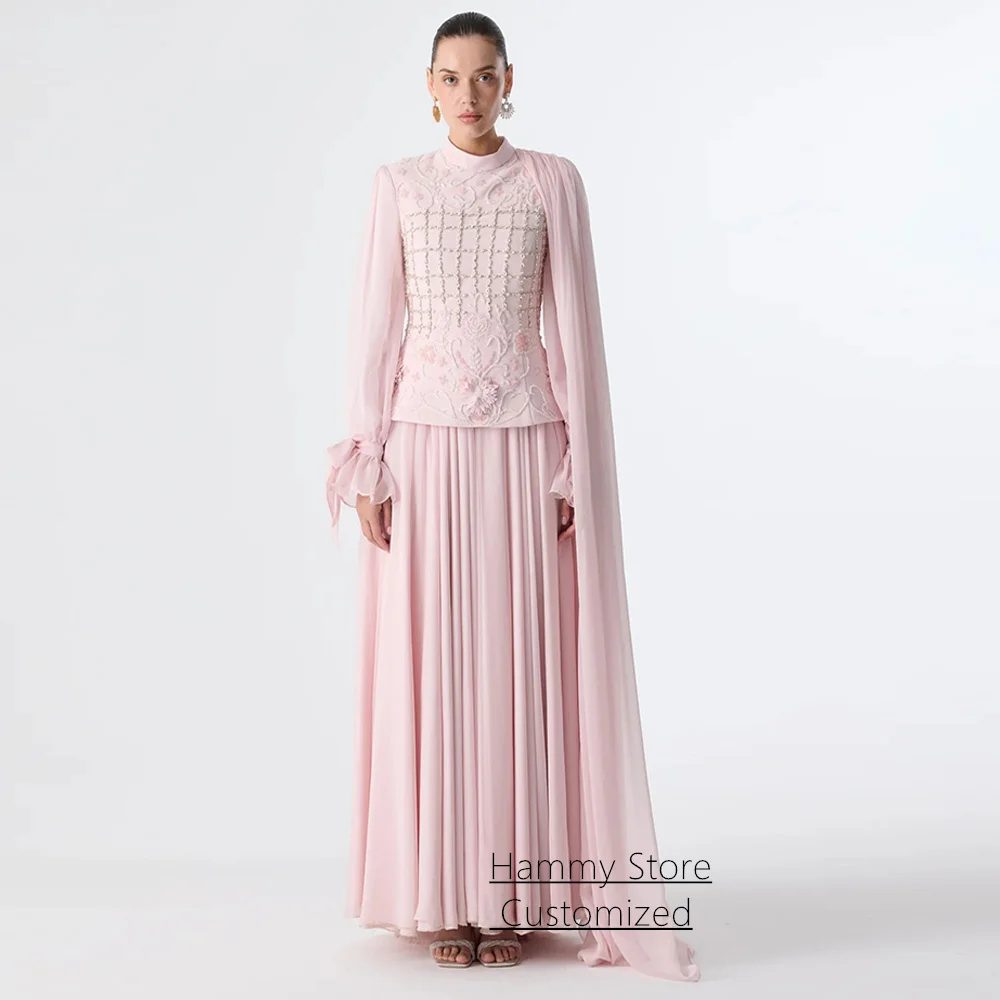 

Saudi Evening Dresses for Woman Customized High Neck Long Sleeves Beading Sequined Two Piece Party Gown Prom Dresses