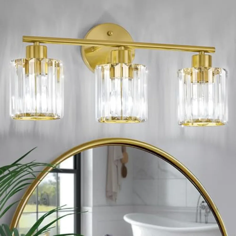 

Bathroom lighting fixtures over mirror, ceramic E26 socket, gold finish, modern 3-light crystal vanity lights for restroom and