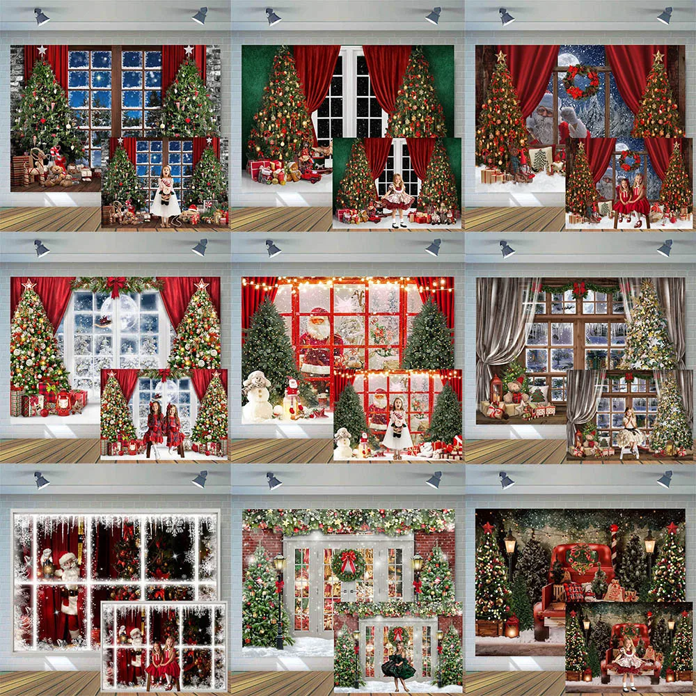 

Mocsicka Christmas Backdrop for Photography Red Curtain Window Xmas Tree Photographic Background Child Portrait Studio Photocall