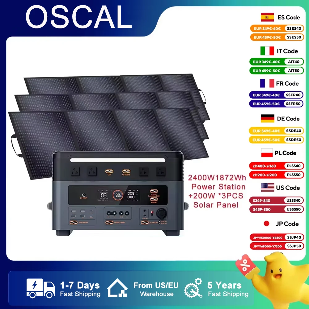 

OSCAL PowerMax 2400 Открытый генератор 2400 Вт MPPT Портативная электростанция со складными солнечными панелями 4X200 Вт 4X18 В (72 Впика) для автофургона
