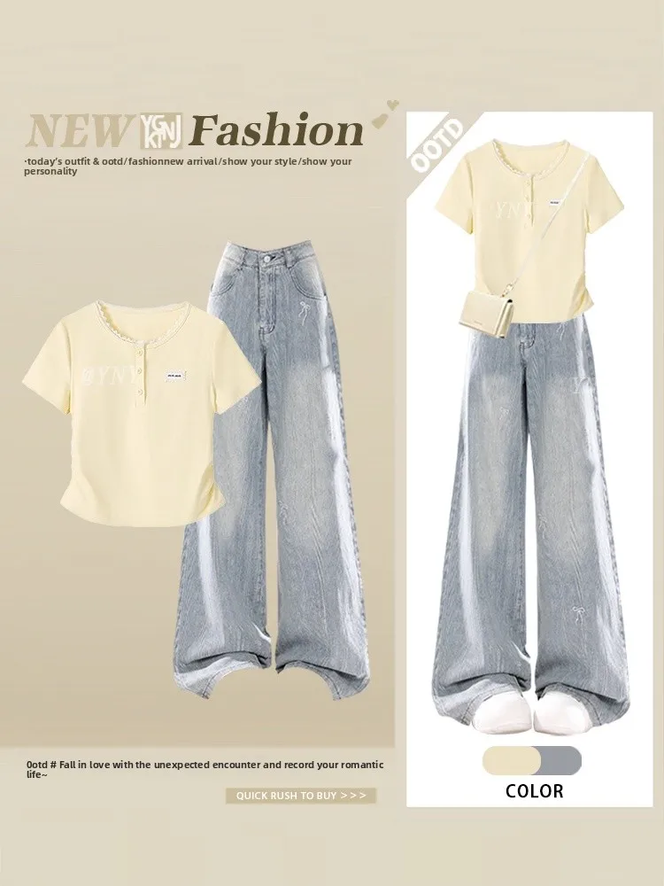 

Korean Style Gentle Uneven Floral Pure Color Short Sleeve Simple Fashion Daily Match Slimming Jeans Two Piece Set Women's Fas...