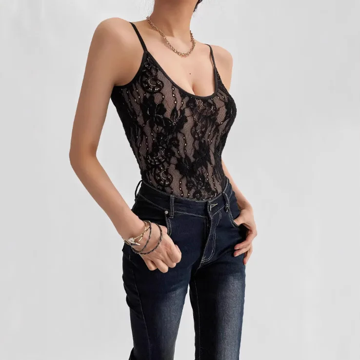 

Women Sexy Lace Bodysuits Low Neck Spaghetti Straps Sleeveless Backless Slim Night Club Rompers Casual Streetwear Overalls Tops