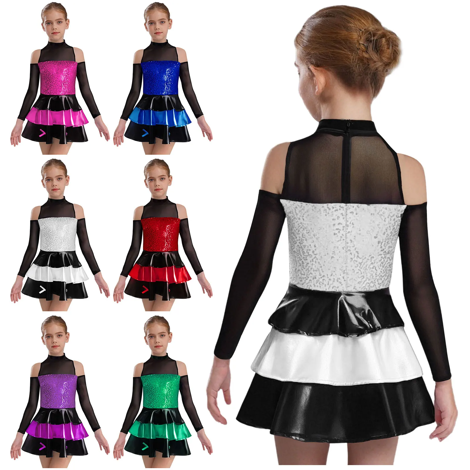 Robe de danse pour filles, Patchwork, valse, Jazz, salle de bal, manches longues, brillante, à plusieurs niveaux, à volants, Mini robe pour vêtements de danse sur scène Jazz
