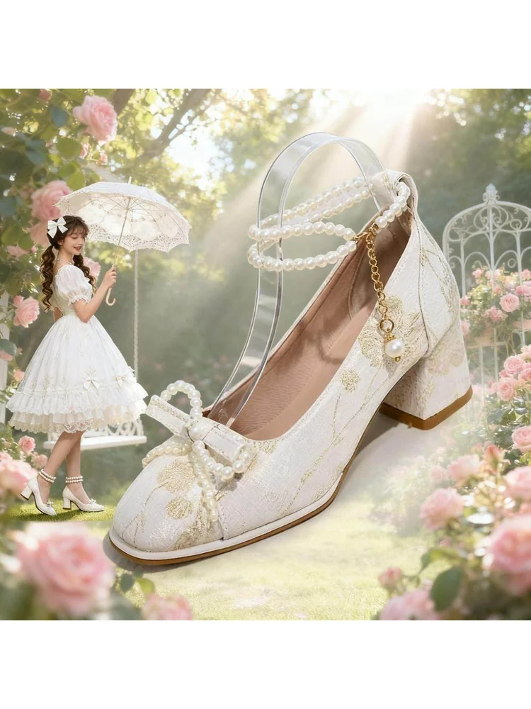

High Heels Women 2026 New Style New Chinese Bow Pearl Chain Square Toe Shallow Mouth Thick Heel Versatile Mary Jane Shoes
