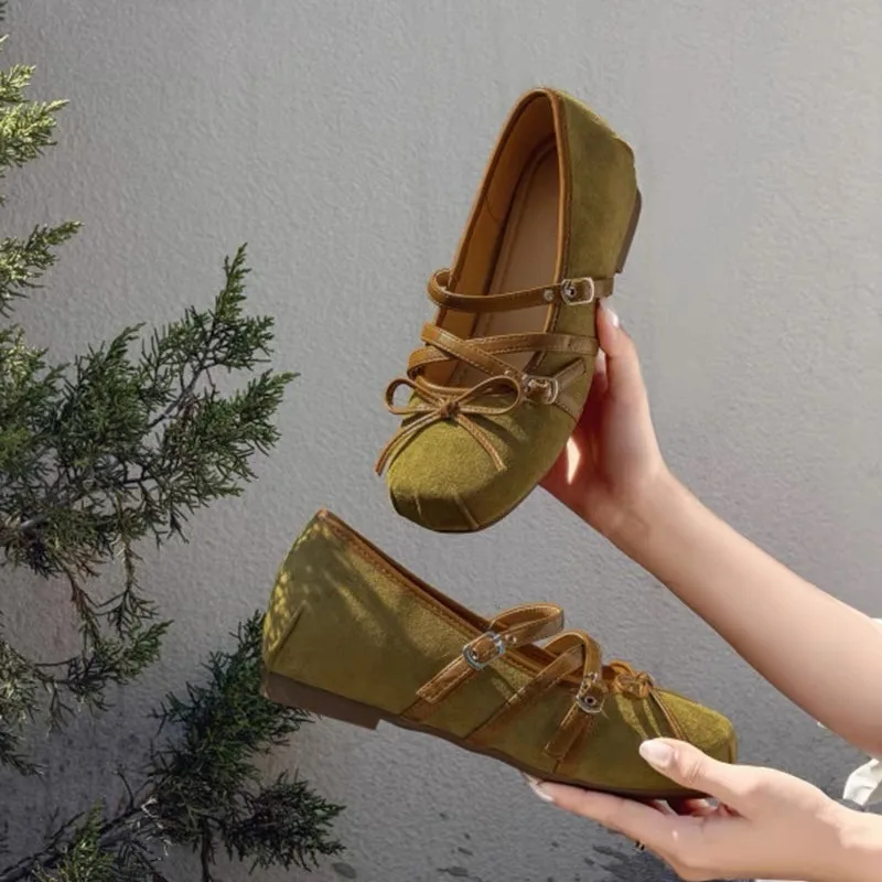 Bows Folded Deep-Notched Mary Jane Flats 2026 Summer New Style High-Heeled Women's Shoes