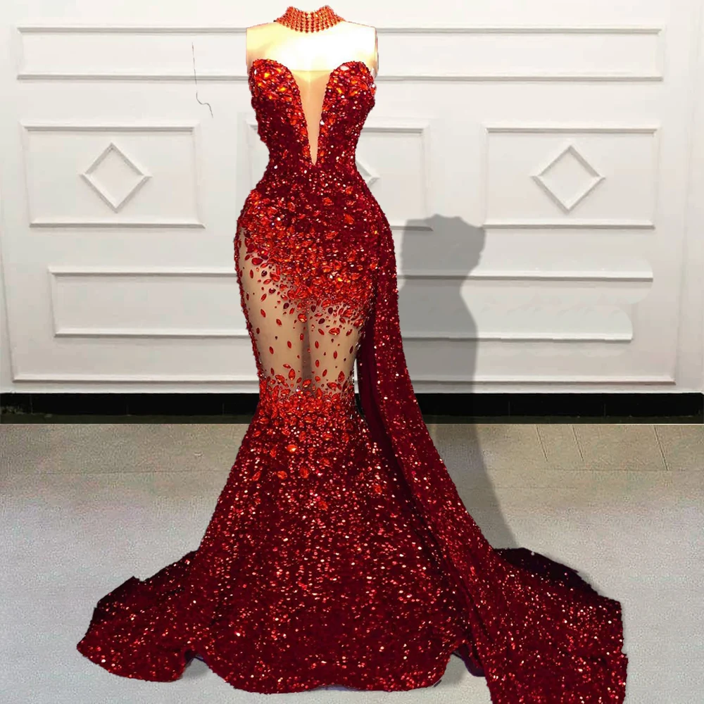 Luxury Diamond Bead Women Mermaid Long Prom Dress 2023 Red Sparkly Sequin See Through Formal Evening Gowns for Graduation Party