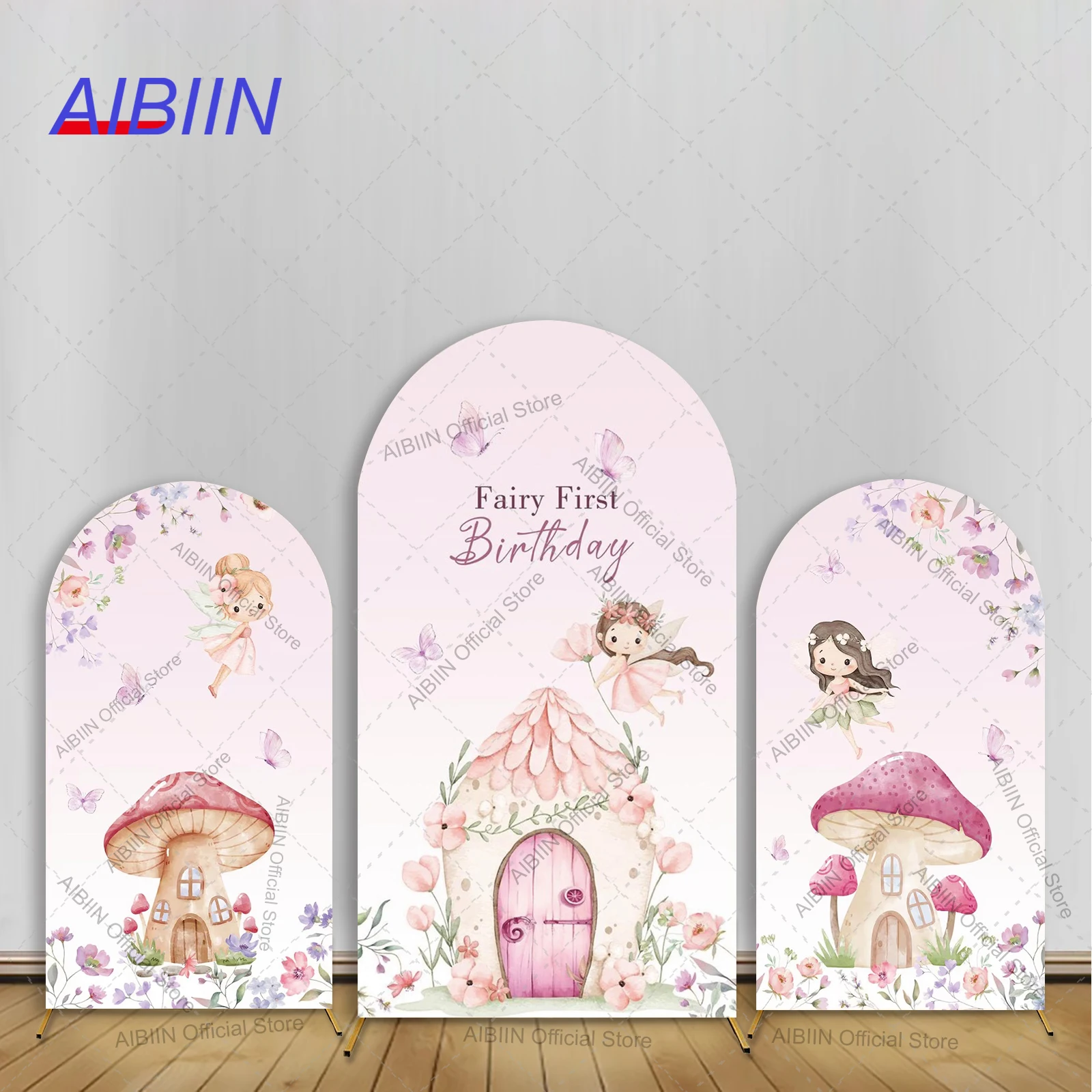 

Fairy First Birthday Arch Backdrop Cover Pink Mushroom House Butterfly Fairy Floral Baby Girl One Cake Party Decor Background