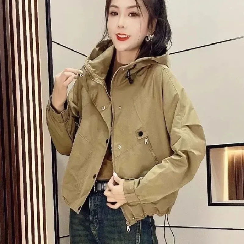 Female Korean Fitting Leisure Time European Style Assault Jackets Women Autumn 2024 New Hooded Zipper Workwear Windbreaker Coat