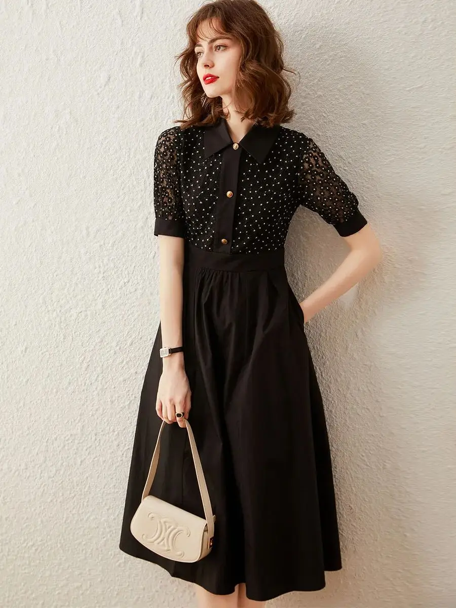 LOUIS YAO Women Dress 2024 Summer Short Sleeve Polo Neck Long Dress Casual Elegant Fashionable Lace Puff Sleeve A-line Dress